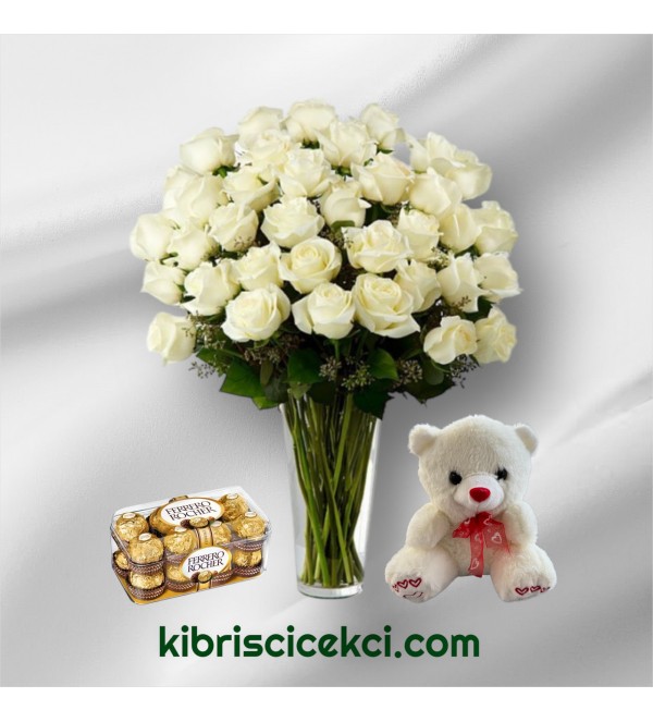 Vazoda 41 Beyaz Gül Ayıcık 16'lı Ferrero Çikolata